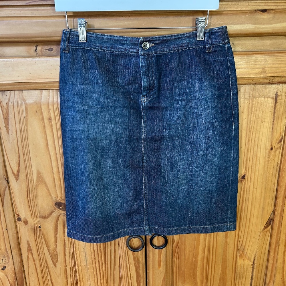 Banana Republic Pencil Skirt Dark Blue Denim Stretch Back Pockets Slit Women 4